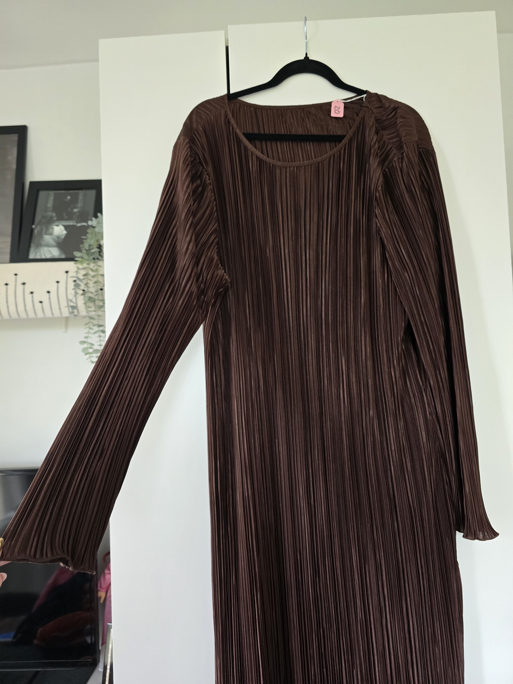 Women's Brown Plisse Long Sleeve Dress